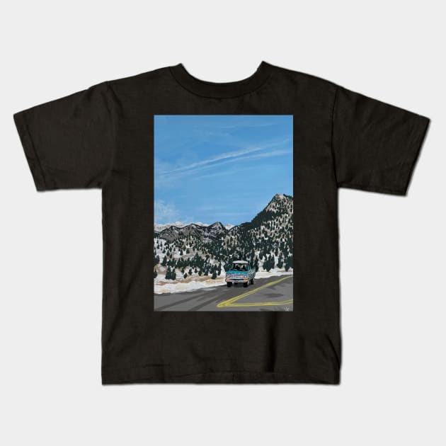 Driving Through the Colorado Rockies Kids T-Shirt by vickykuprewicz